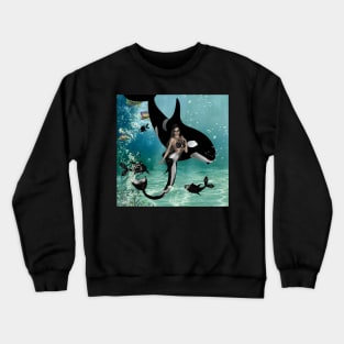 Wonderful mermaid with orca in the deep ocean Crewneck Sweatshirt